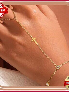 Cross Chain Hand Bracelet 14K Gold Plated CZ Link Bracelet with Cross Pendant